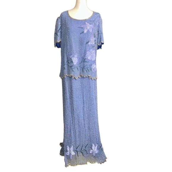 Laurence Kazar silk beaded long formal periwinkle blue purple floral 14W new - Picture 3 of 12